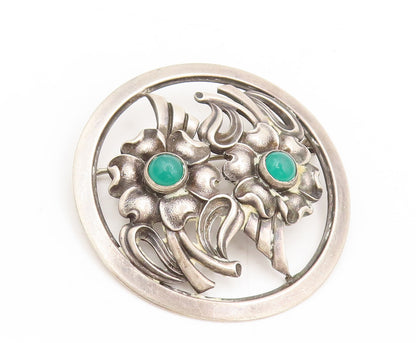 925 Sterling Silver Vintage Chrysoprase Flower Round Frame Brooch Pin BP10322