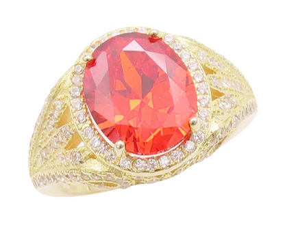 925 Sterling Silver Vintage Ring Gold Plated Oval Red & White CZ  Sz 7  RG29769