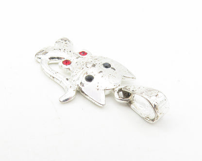 925 Sterling Silver  Black Hematite & Red Topaz Cat Motif Pendant  PT9306