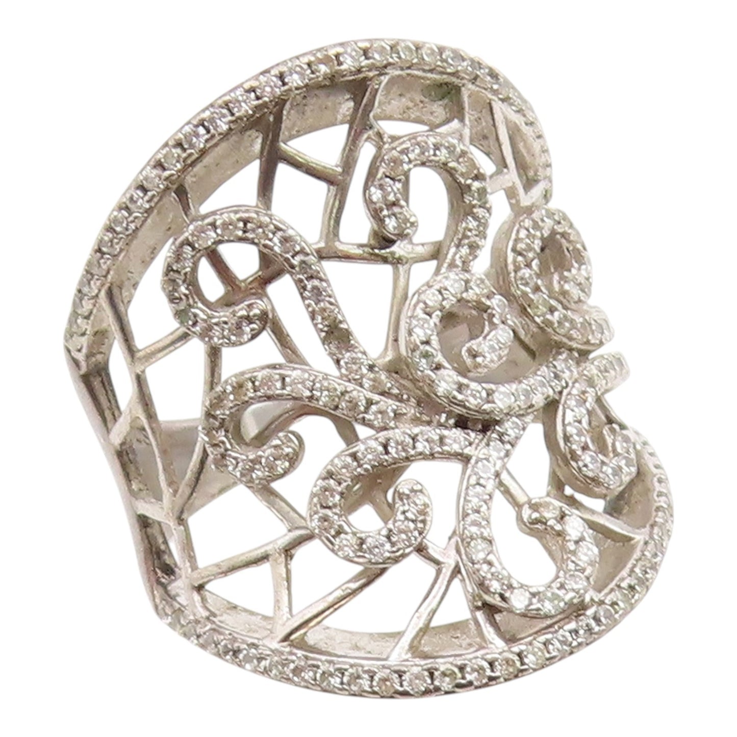 925 Sterling Silver Vintage Ring White Topaz Openwork Swirl Band  Sz 7  RG35465