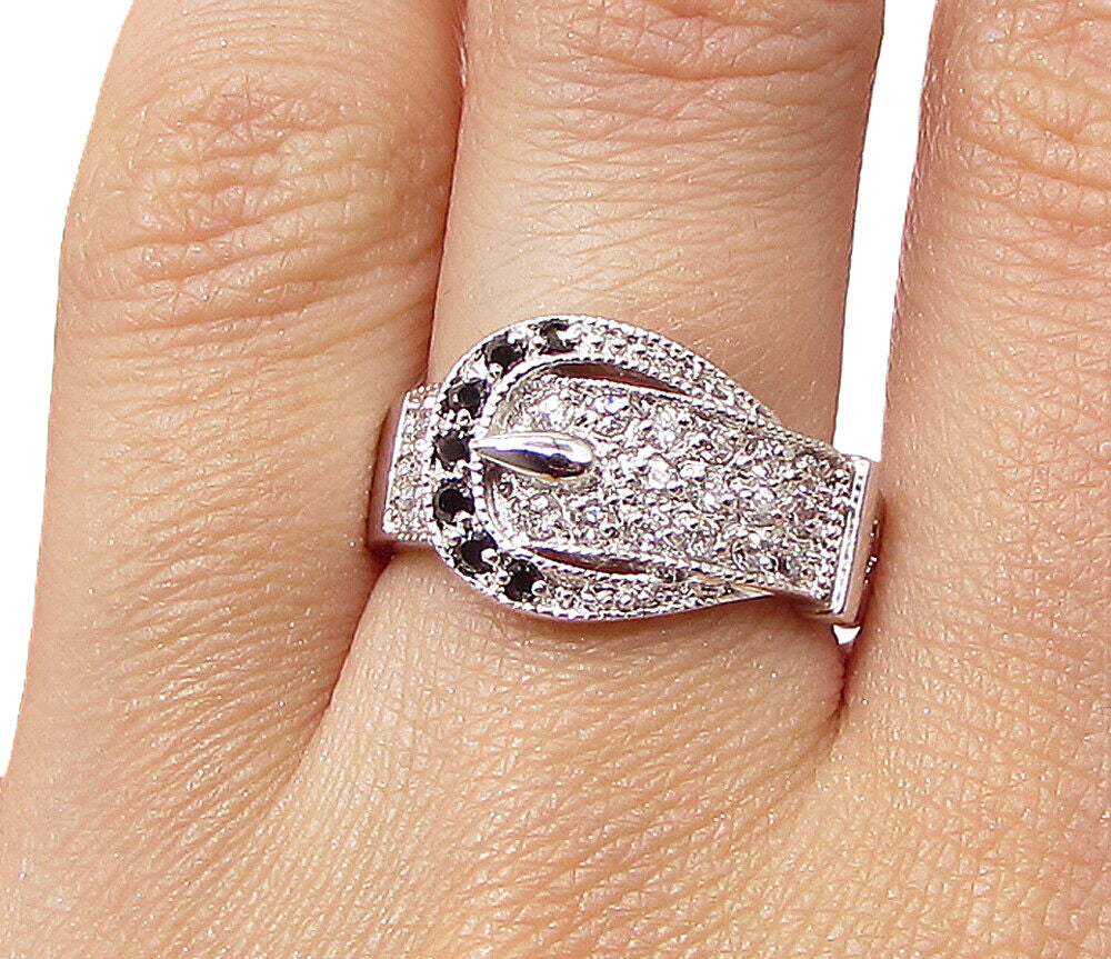 925 Silver  Sapphire & White Cubic Zirconia Belt Style Band Ring Sz 7  RG3431
