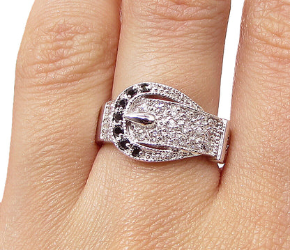 925 Silver  Sapphire & White Cubic Zirconia Belt Style Band Ring Sz 7  RG3431