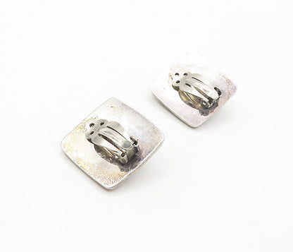 MEXICO 925 Silver  Vintage Shiny Fluted Square Non Pierce Earrings  EG3957