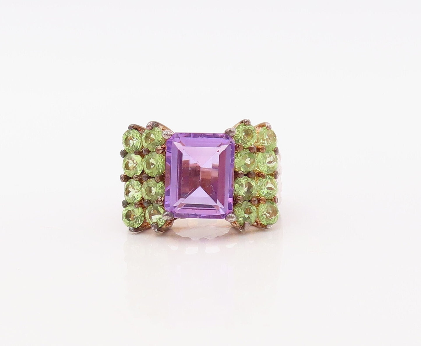 925 Sterling Silver Vintage Ring Rose Gold Plated Amethyst Peridot Sz 8  RG30639