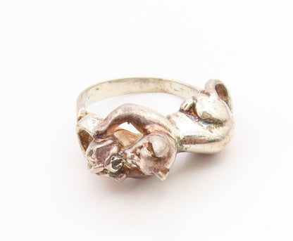 925 Sterling Silver Vintage Ring Modernist Playing Cat Motif Band  Sz 9  RG36099