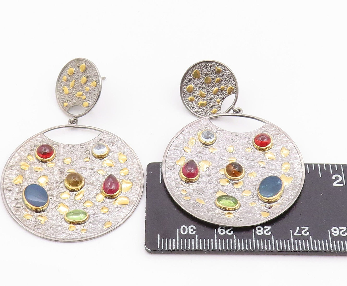 14k Gold & 925 Sterling Silver Vintage Earrings Real Gemstone Discs  EG14226