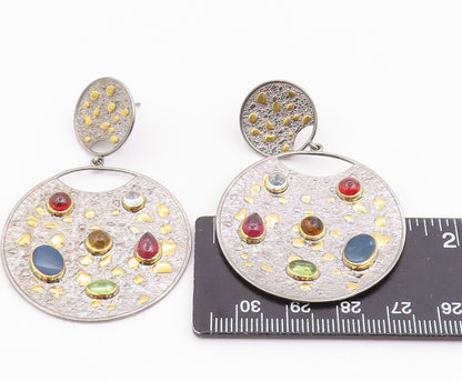 14k Gold & 925 Sterling Silver Vintage Earrings Real Gemstone Discs  EG14226