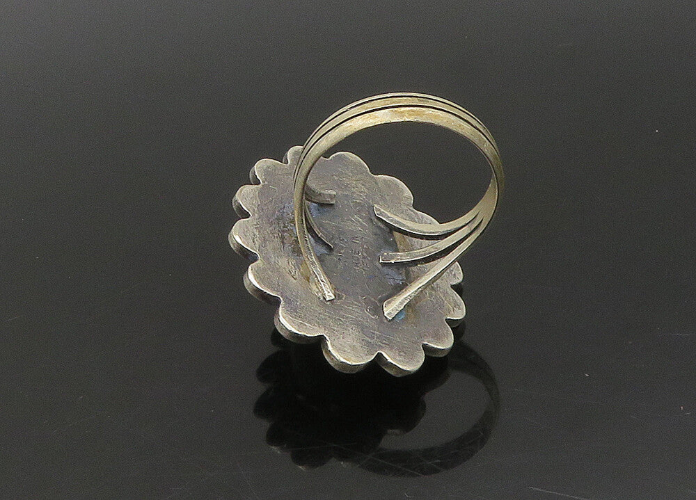 MEXICO 925 Silver  Vintage Green Jasper Floral Cocktail Ring Sz 8  RG23313