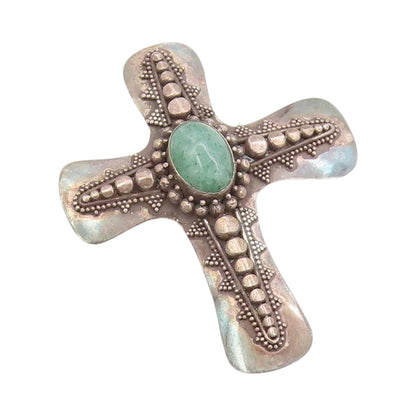 925 Sterling Silver Vintage Brooch Cabochon Turquoise Religious Cross  BP11950