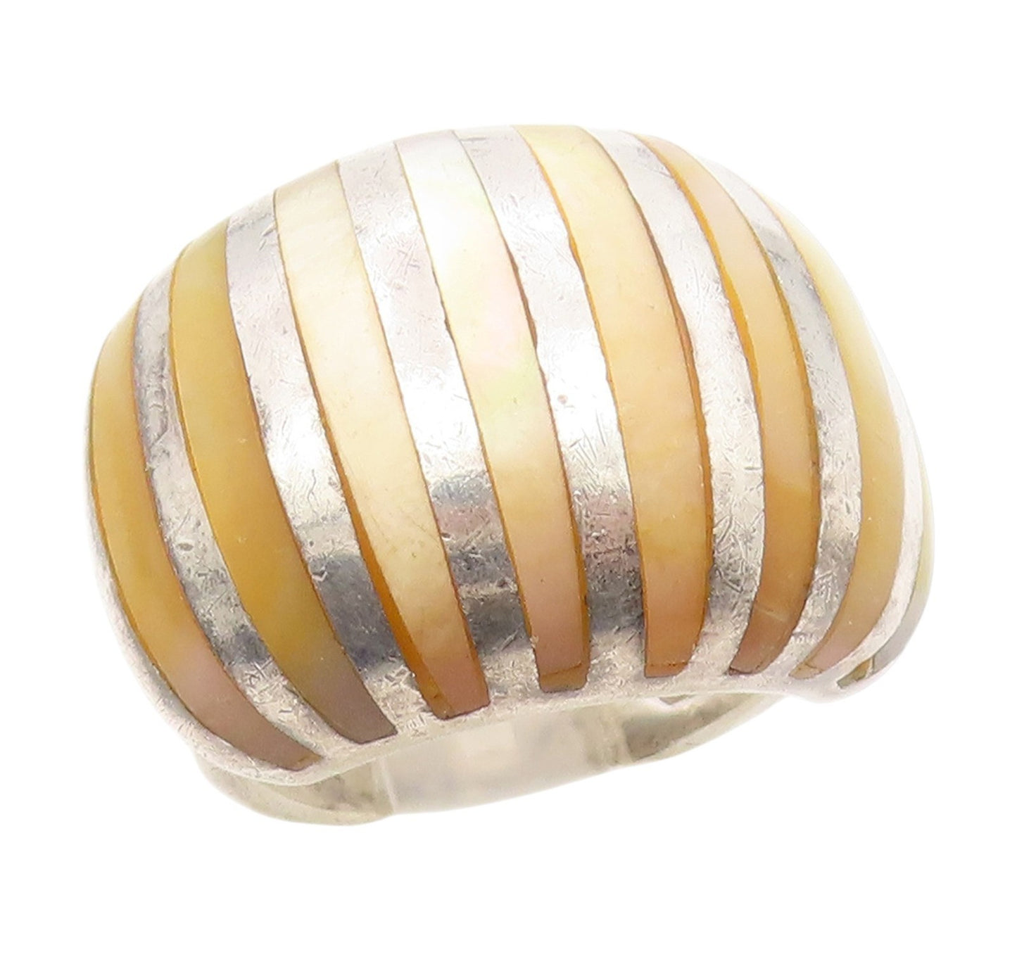 925 Sterling Silver Vintage Ring Mother Of Pearl Inlay Dome Band Sz 4.5 RG35115