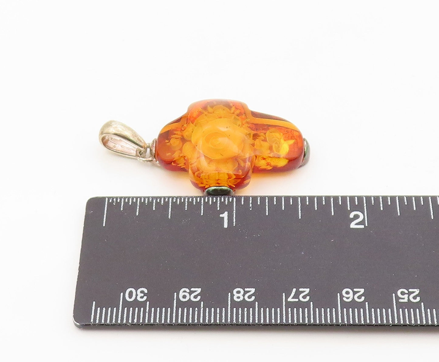 925 Sterling Silver Vintage Pendant POLAND Amber Carved Rose Holy Cross  PT26342