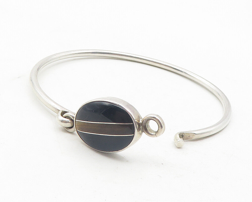 CII MEXICO 925 Silver  Vintage Black Onyx & Tiger's Eye Bangle Bracelet BT4636