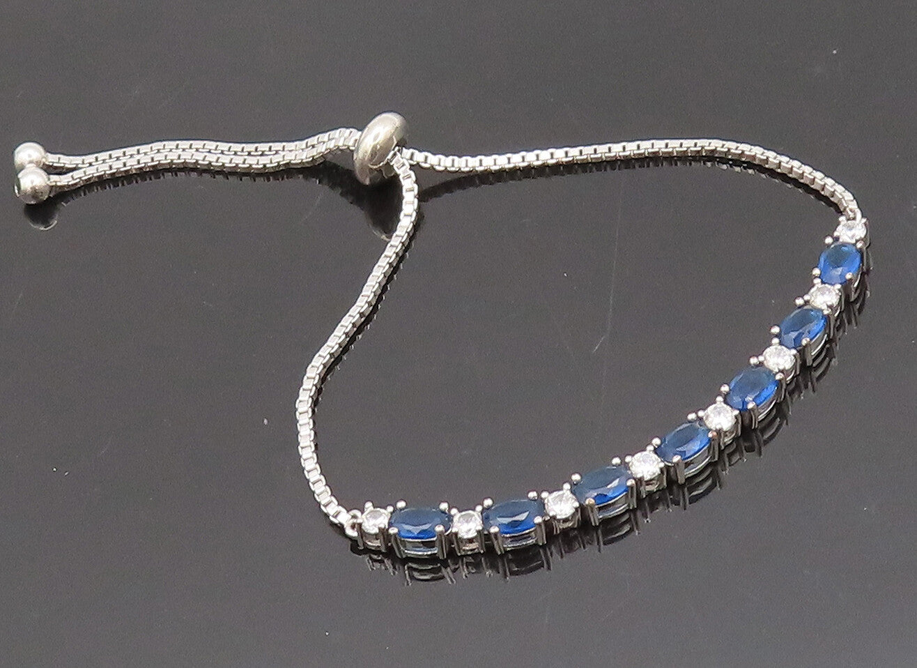 925 Sterling Silver  Vintage Blue White CZ Adjustable Tennis Bracelet  BT10060