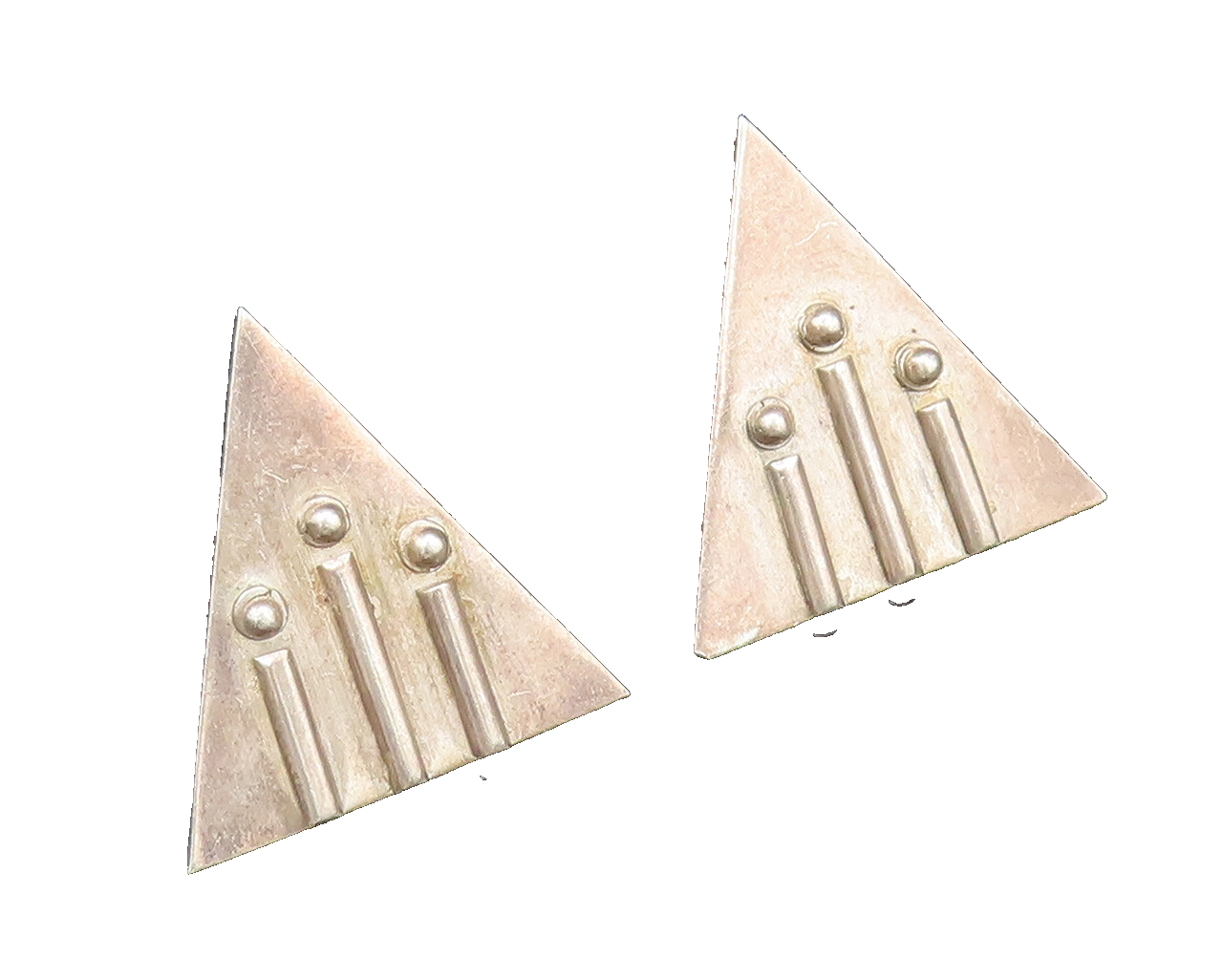 925 Silver  Vintage 3D Lines & Beads Modernist Triangle Earrings  EG12268
