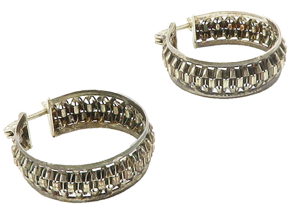 925 Sterling Silver  Vintage Dark Tone Wire Link Design Hoop Earrings  EG7599