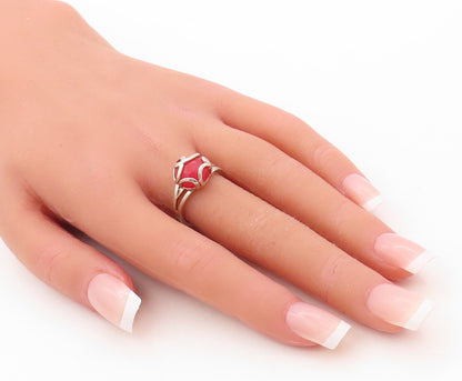 925 Sterling Silver Vintage Ring Modernist Caged Red Gemstone Sz 7  RG30694