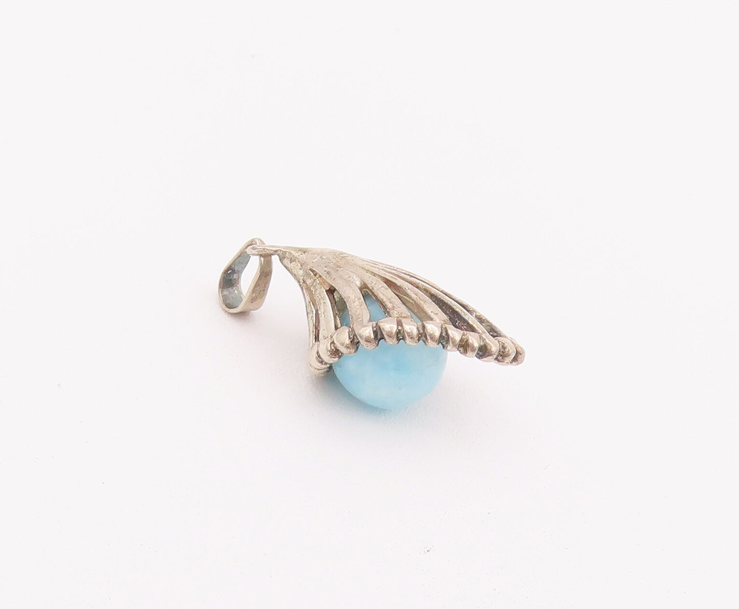 925 Sterling Silver Vintage Pendant Larimar Bead Cutout Drop Beaded Cone PT22800