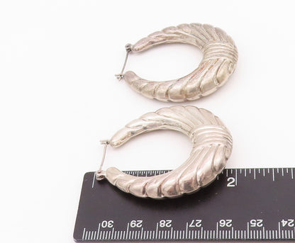 925 Sterling Silver Vintage Earrings Designer Puffed Grooved Hoops  EG13661
