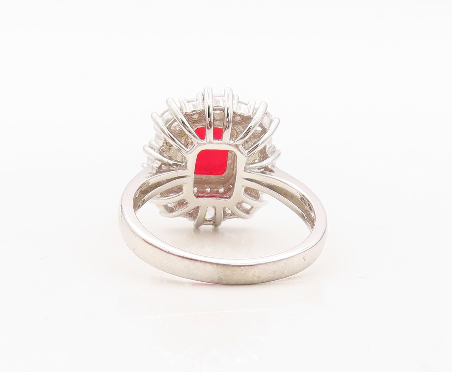 925 Sterling Silver Vintage Ring Rectangle Red Halo White CZ   Sz 7  RG30363