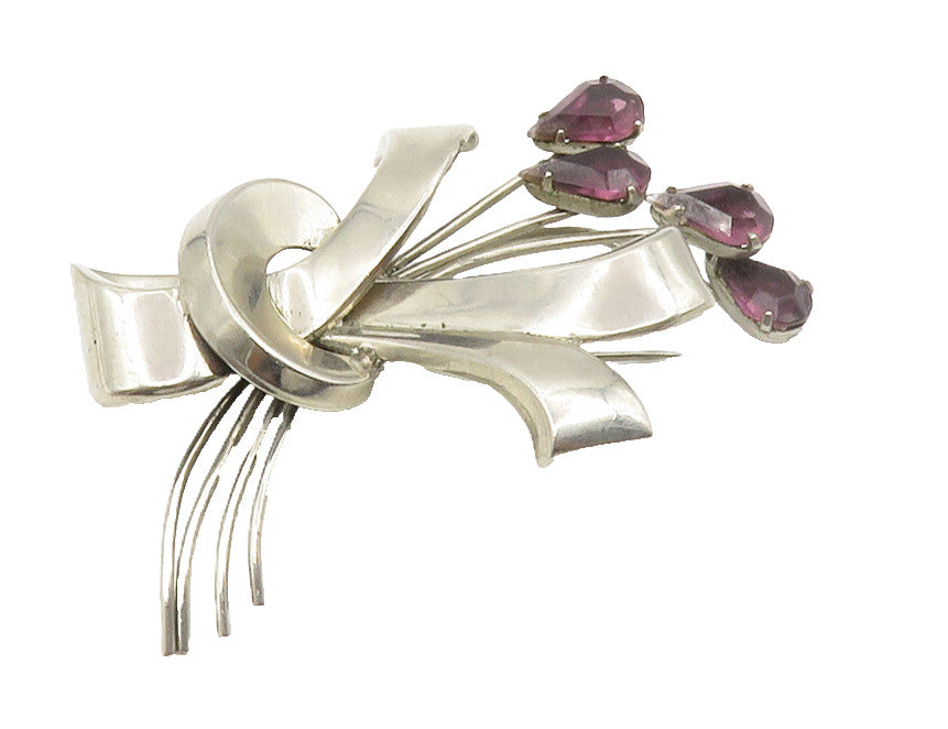 925 Sterling Silver  Vintage Modernist Amethyst Floral Brooch Pin  BP5735