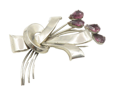 925 Sterling Silver  Vintage Modernist Amethyst Floral Brooch Pin  BP5735
