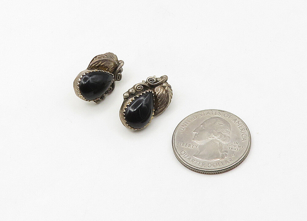 NAVAJO 925 Silver  Vintage Black Onyx Floral Leaf Drop Earrings  EG10682