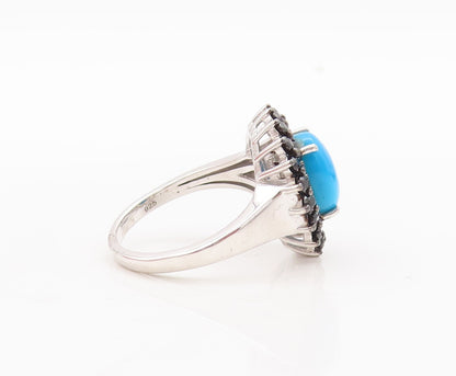 925 Sterling Silver Vintage Ring Cabochon Turquoise & Spinel Flower Sz 8 RG29758