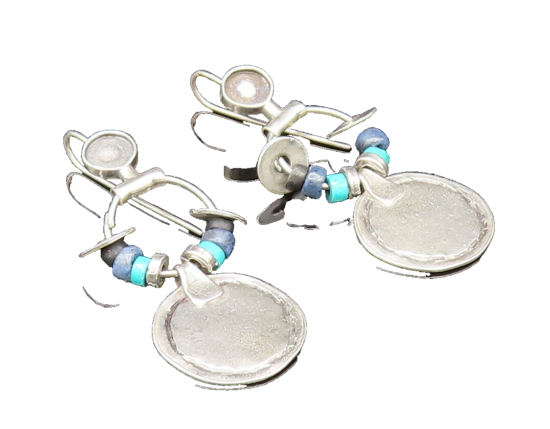 ISRAEL 925 Silver  Vintage Turquoise & Sodalite Beads Disc Earrings  EG11827