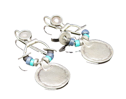 ISRAEL 925 Silver  Vintage Turquoise & Sodalite Beads Disc Earrings  EG11827