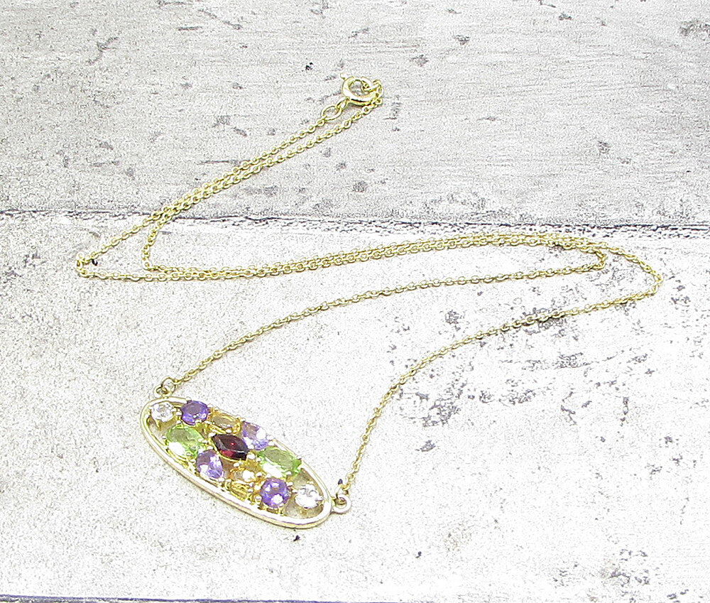 Gold Over 925 Sterling Silver Multi Colored Gemstones Oval Chain Necklace PT1293