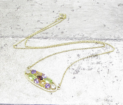 Gold Over 925 Sterling Silver Multi Colored Gemstones Oval Chain Necklace PT1293