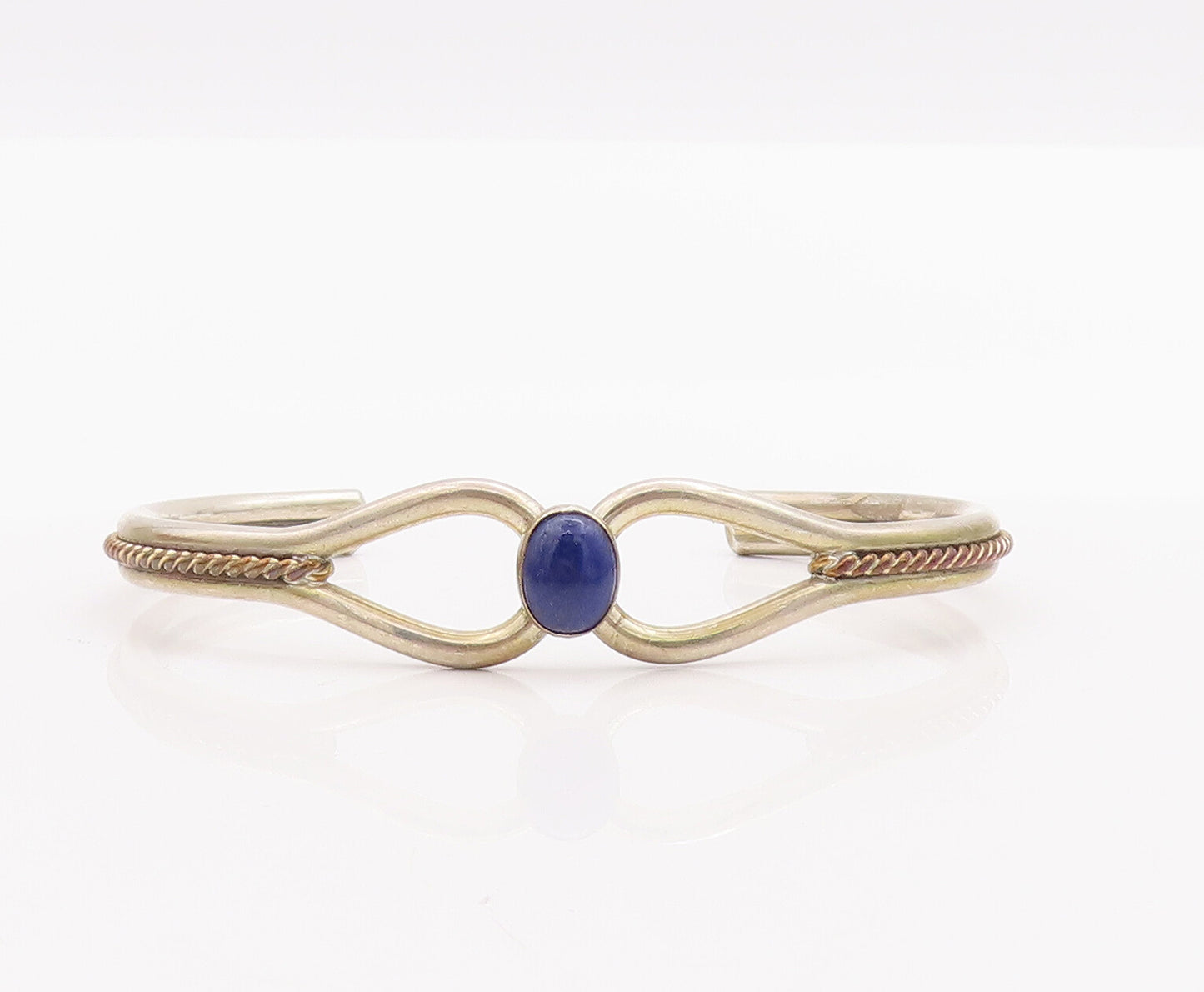 925 Sterling Silver Vintage Bracelet Twisted Rope Cutout Lapis Lazuli  BT10311