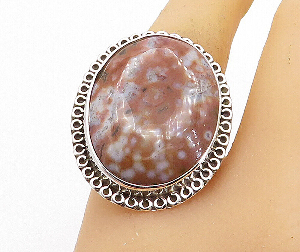 925 Sterling Silver  Jasper Shiny Swirl Border Cocktail Ring Sz 9  RG7997