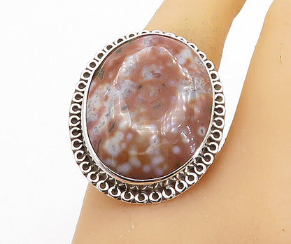 925 Sterling Silver  Jasper Shiny Swirl Border Cocktail Ring Sz 9  RG7997