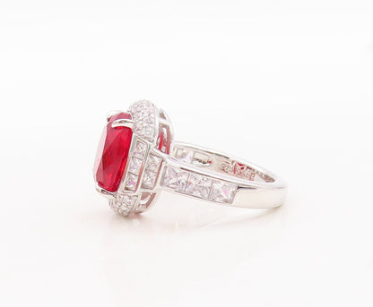 925 Sterling Silver Vintage Ring Oval Cut Red Halo White CZ  Sz 7  RG29790