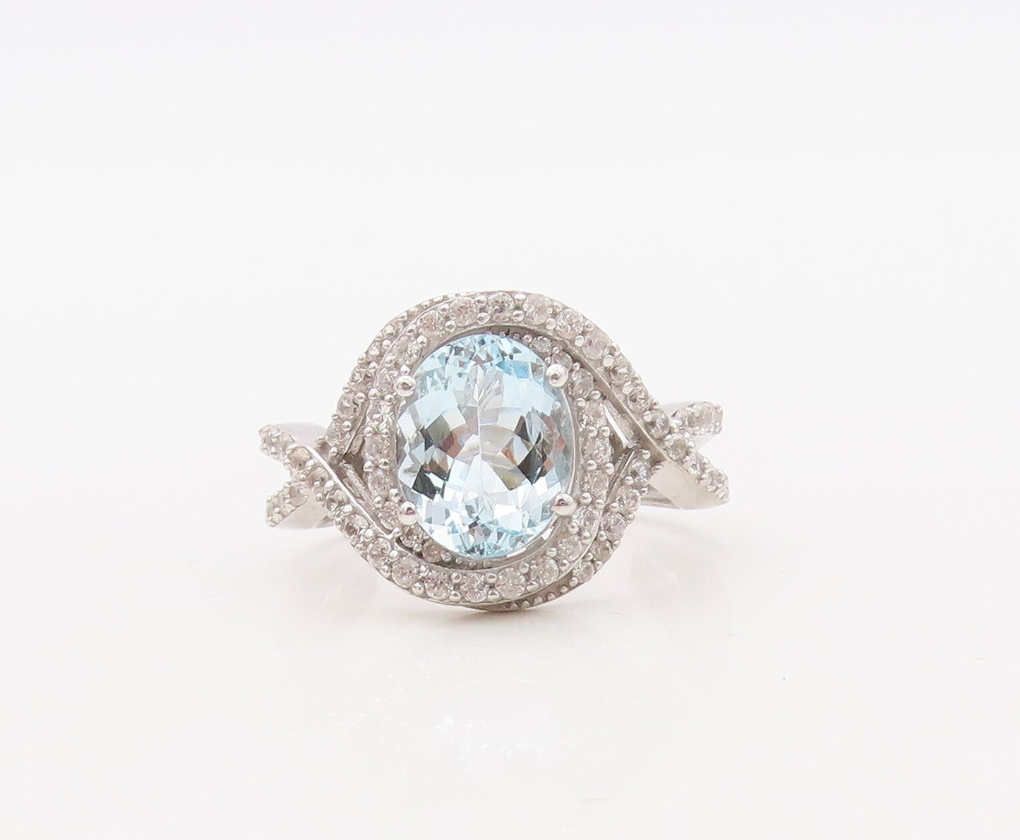 925 Sterling Silver Vintage Ring Designer Oval Blue Halo White CZ  Sz 8  RG30621