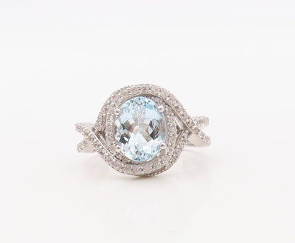 925 Sterling Silver Vintage Ring Designer Oval Blue Halo White CZ  Sz 8  RG30621