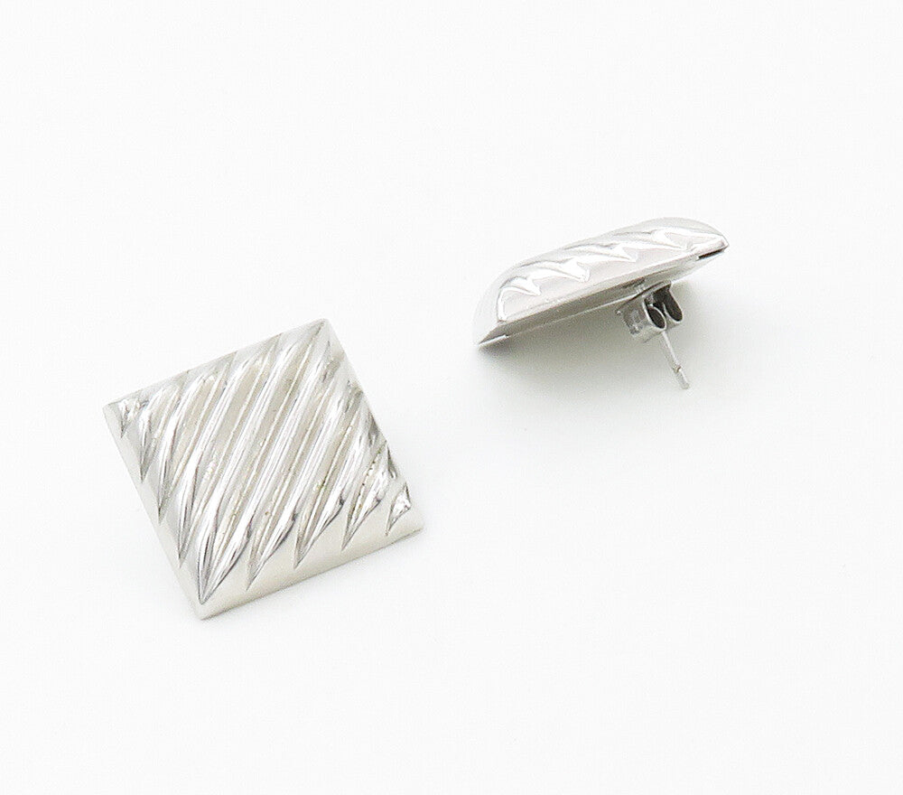 BEAU 925 Sterling Silver  Vintage Shiny Fluted Square Drop Earrings  EG8595