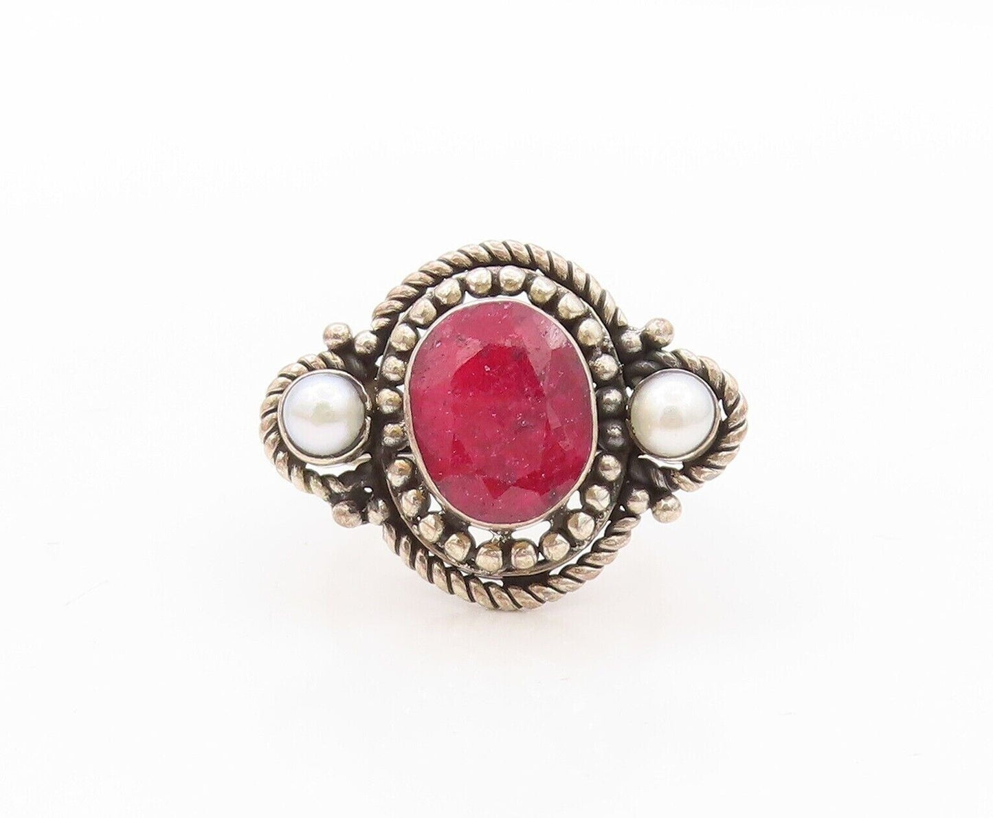 925 Sterling Silver Vintage Ring Twisted Rope Carved Ruby & Pearl Sz 7.5 RG30211