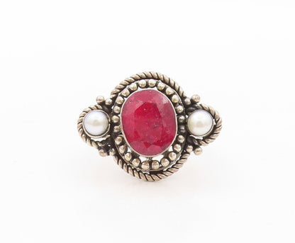 925 Sterling Silver Vintage Ring Twisted Rope Carved Ruby & Pearl Sz 7.5 RG30211