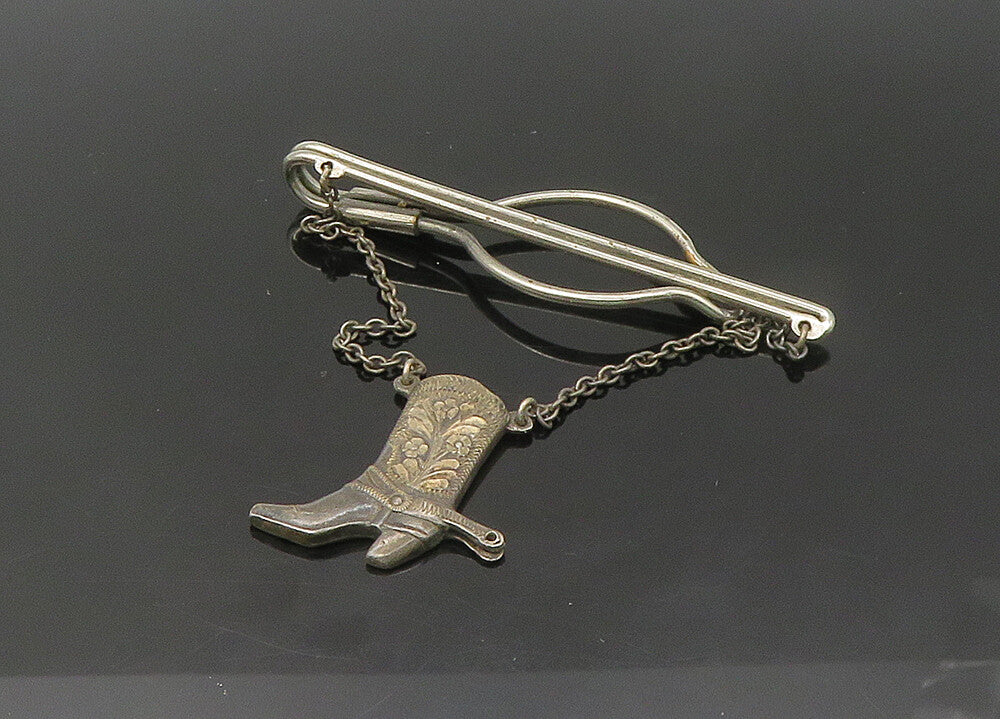 925 Sterling Silver  Vintage Floral Cowboy Boot Charmed Tie Clip  TR2978