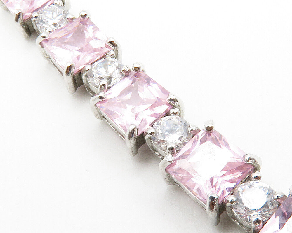 925 Sterling Silver  Pink & White Topaz Shiny Hinge Link Chain Bracelet BT4982