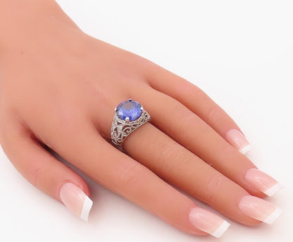 925 Sterling Silver Vintage Ring Swirly Cutout Round Sapphire  Sz 7  RG30782