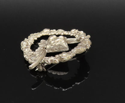 925 Silver  Vintage Antique Baby Angel Cutout Flower Wreath Brooch Pin  BP9899