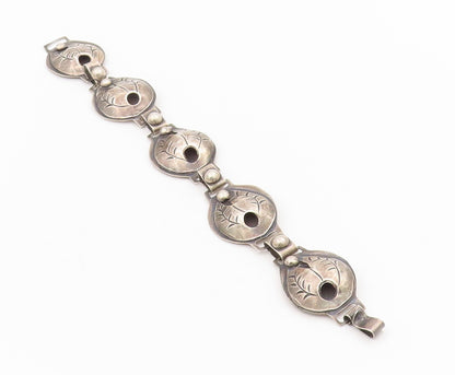 925 Sterling Silver Vintage Bracelet MEXICO Etched Leaf Motif Concho  BT11593