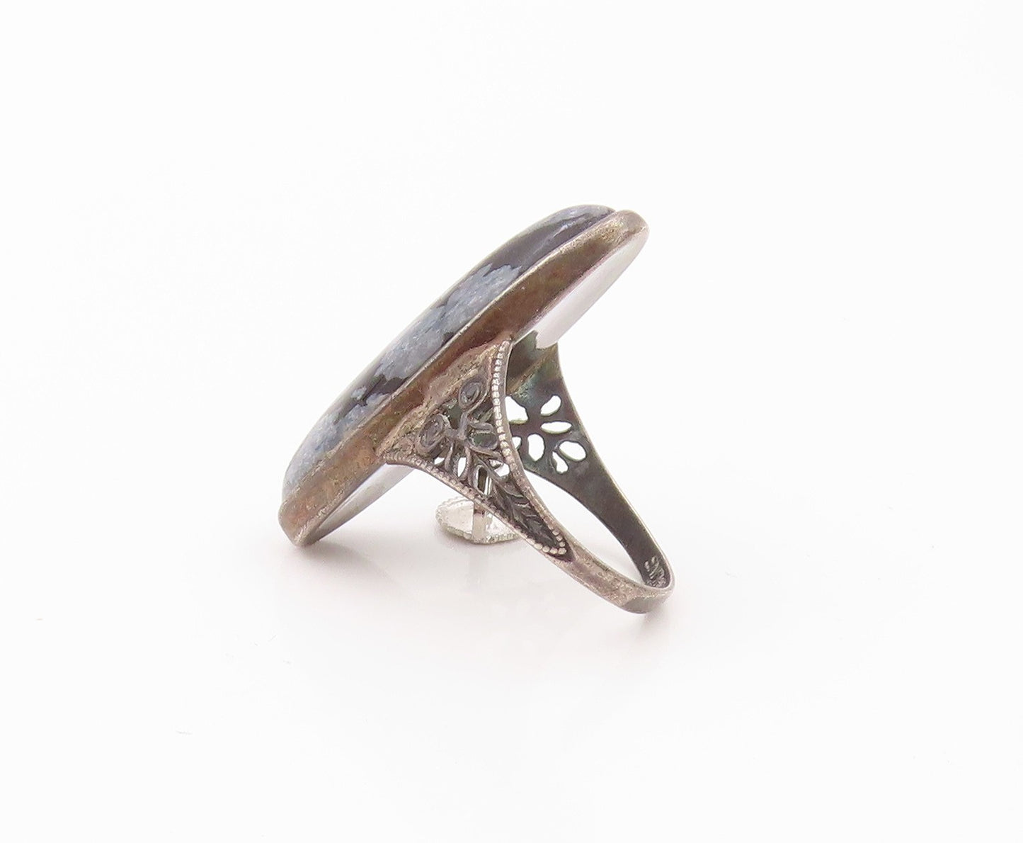 925 Sterling Silver Vintage Ring Dark Tone Cutout Band Gemstone Sz 5.5  RG32379