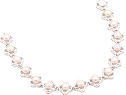925 Sterling Silver Vintage Necklace Round Pearl Elegant Floral Chain  NE4810
