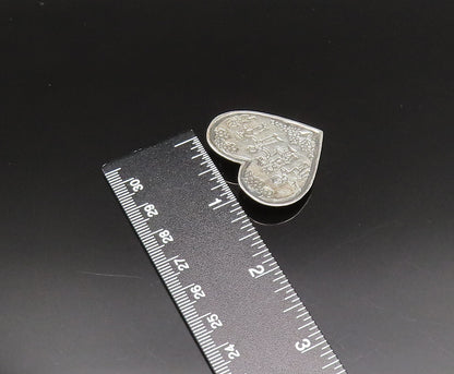 925 Silver  Vintage Engraved Kids & Flowers Flat Love Heart Brooch Pin  BP9566
