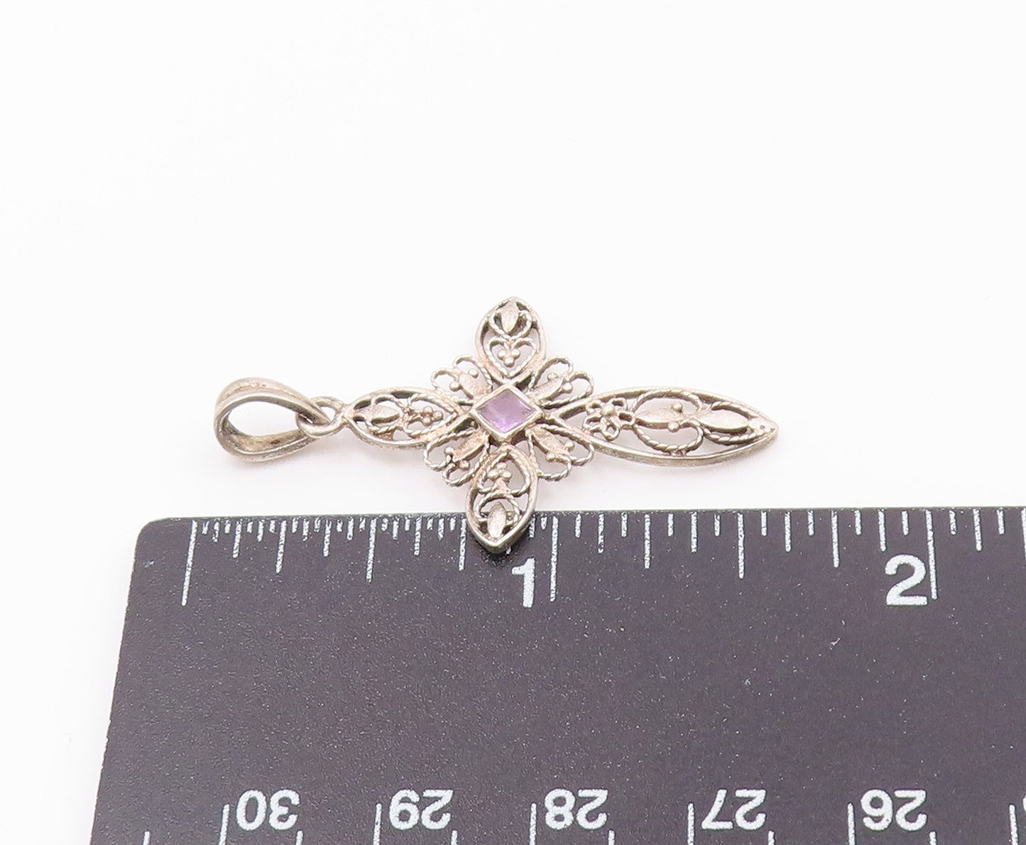 925 Silver  Vintage Openwork Heart & Flowers Cross Gemstone Pendant  PT21316