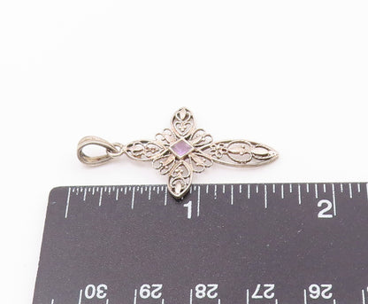 925 Silver  Vintage Openwork Heart & Flowers Cross Gemstone Pendant  PT21316